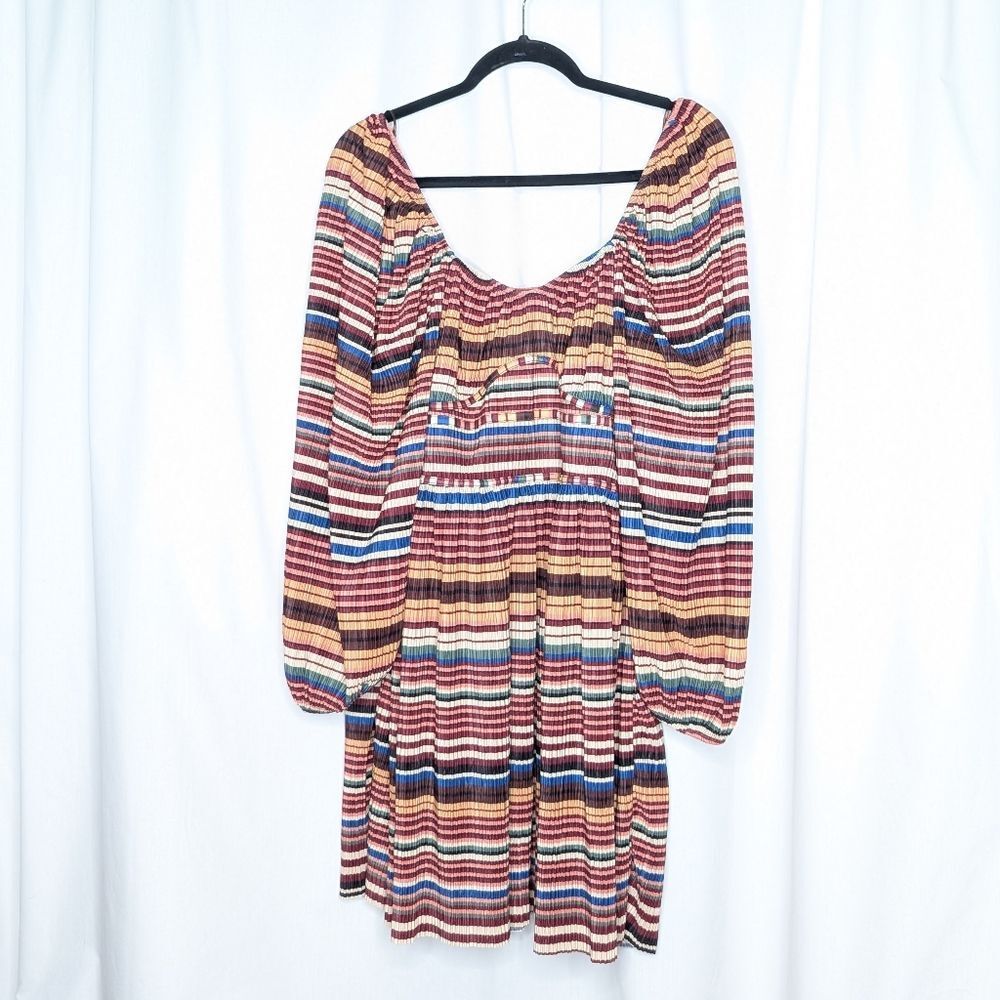Zara Chocolate Brown Corset Top Stripped Puff Sleeve Pleated Mini Dress Babydoll